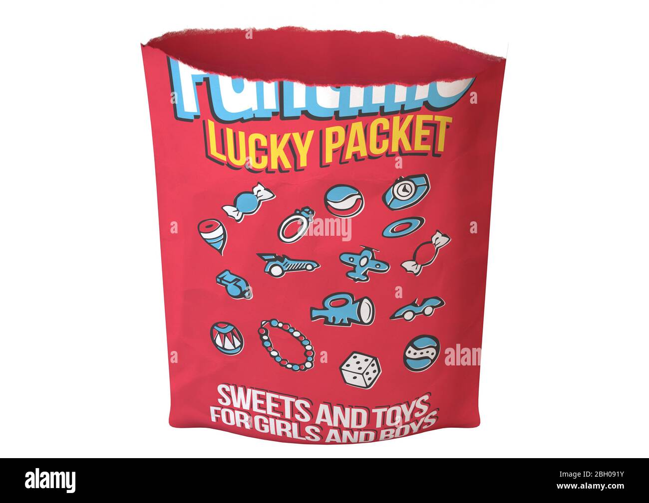 A concept design resembling a torn and opened classic childrens lucky packet displaying illustrations of toys inside on an isolated white background - Stock Photo