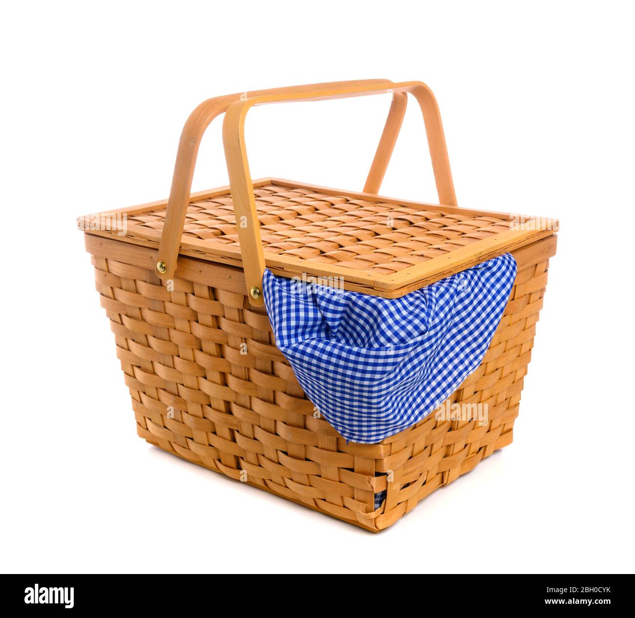Picnic basket with blue gingham, checked cloth Stock Photo