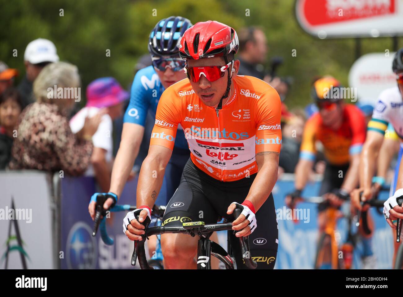 ADELAIDE, SOUTH AUSTRALIA - JANUARY 23, 2020: Ochre Leader's Jersey Caleb Ewan of Australia and Lotto-Soudalfinishing at Subaru Stage 3 from Unley to Stock Photo