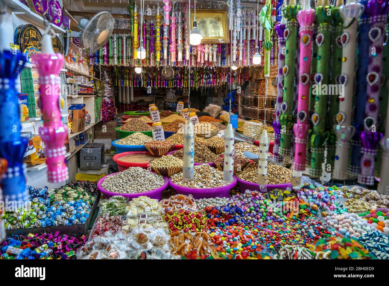Baghdad, Iraq – 21 April, 2020: photo for preparing to Ramadan month in Baghdad city in Iraq, and showing many requirements of Ramadan in one of shops Stock Photo