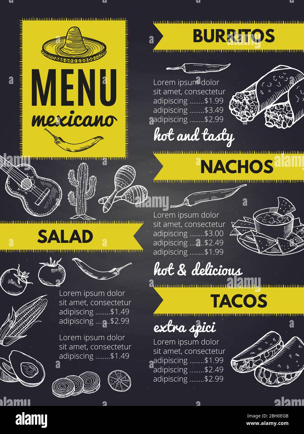 Traditional mexican cuisine. Design template of restaurant menu mexican with burrito and nachos, vector illustration Stock Vector