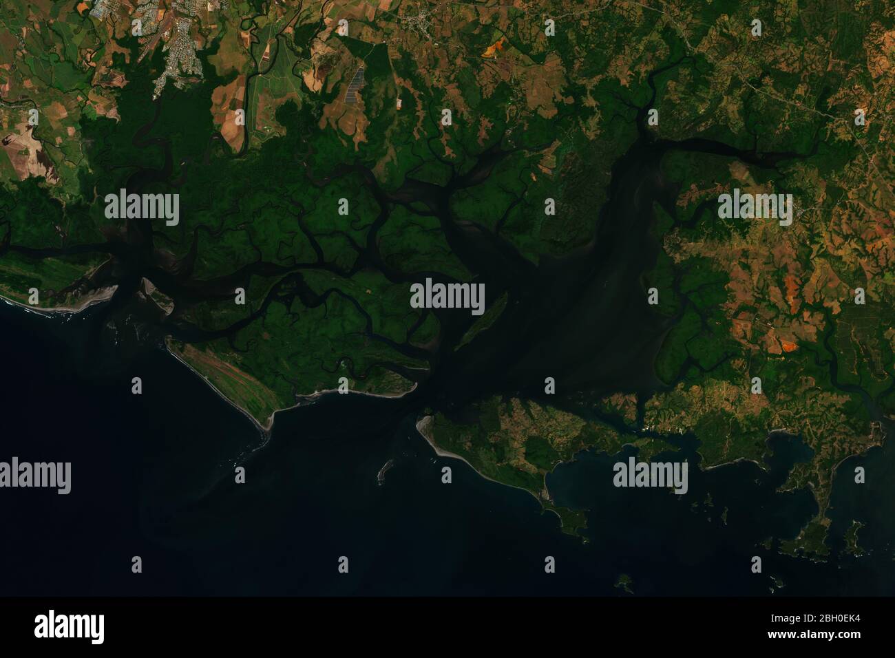 High resolution satellite image of Bahia de los Muertos in Panama - contains modified Copernicus Sentinel Data (2019) Stock Photo