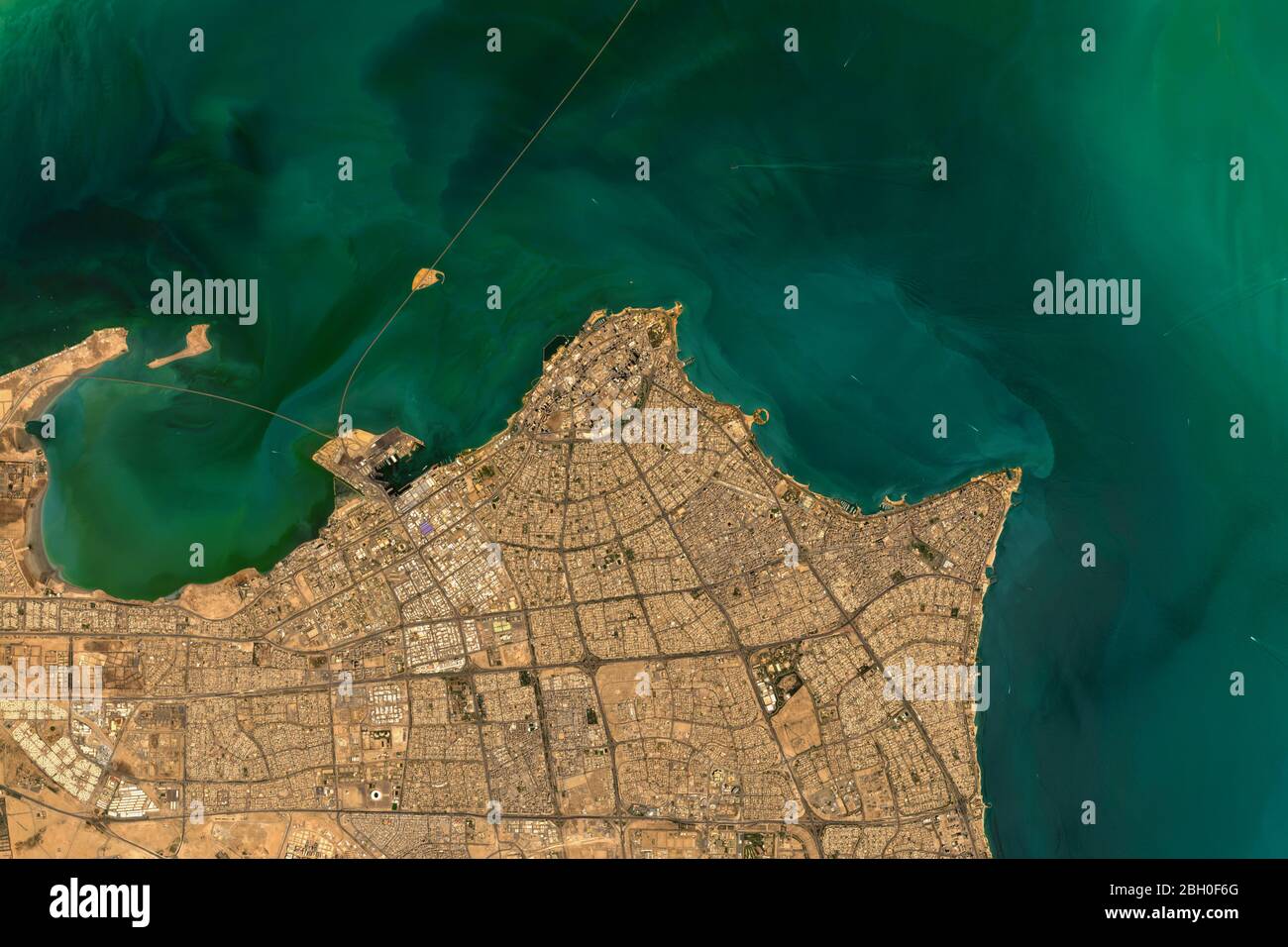 High resolution satellite image of Kuwait City on the shore of the Persian Gulf - contains modified Copernicus Sentinel Data (2020) Stock Photo