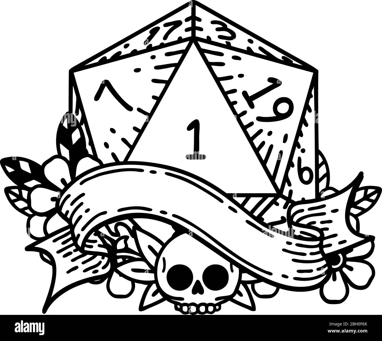 Black and White Tattoo linework Style natural one d20 dice roll Stock ...