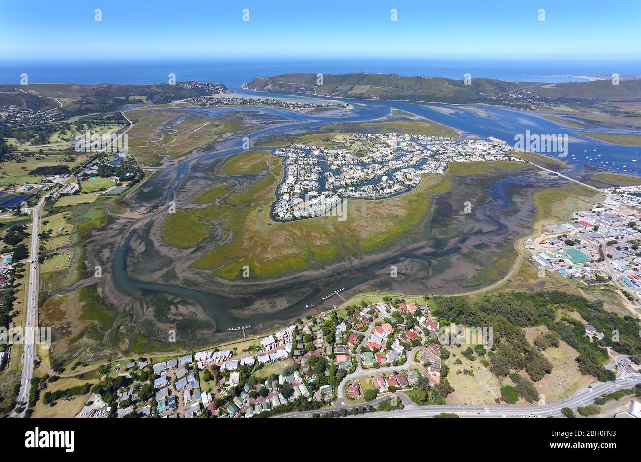 Aerial view of Knysna and Thesen Island, with The Heads in the
