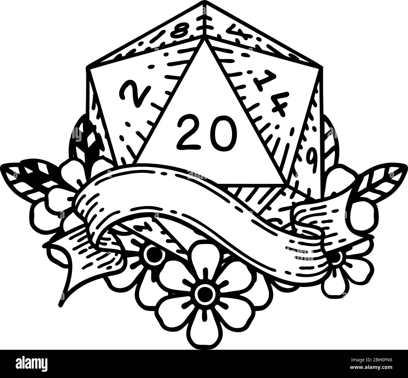 Black and White Tattoo linework Style natural twenty D20 dice roll ...