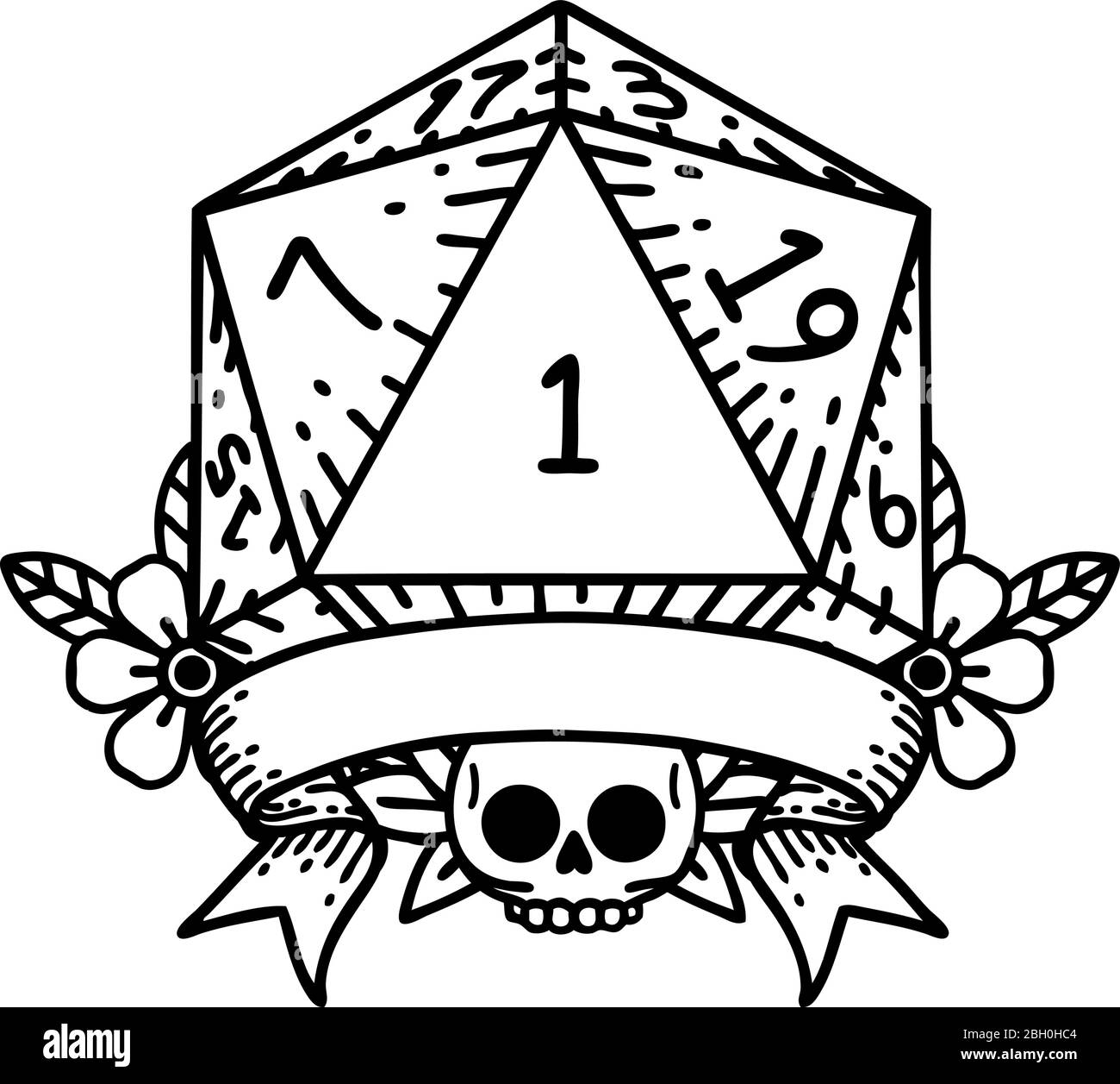 Black and White Tattoo linework Style natural one d20 dice roll Stock ...