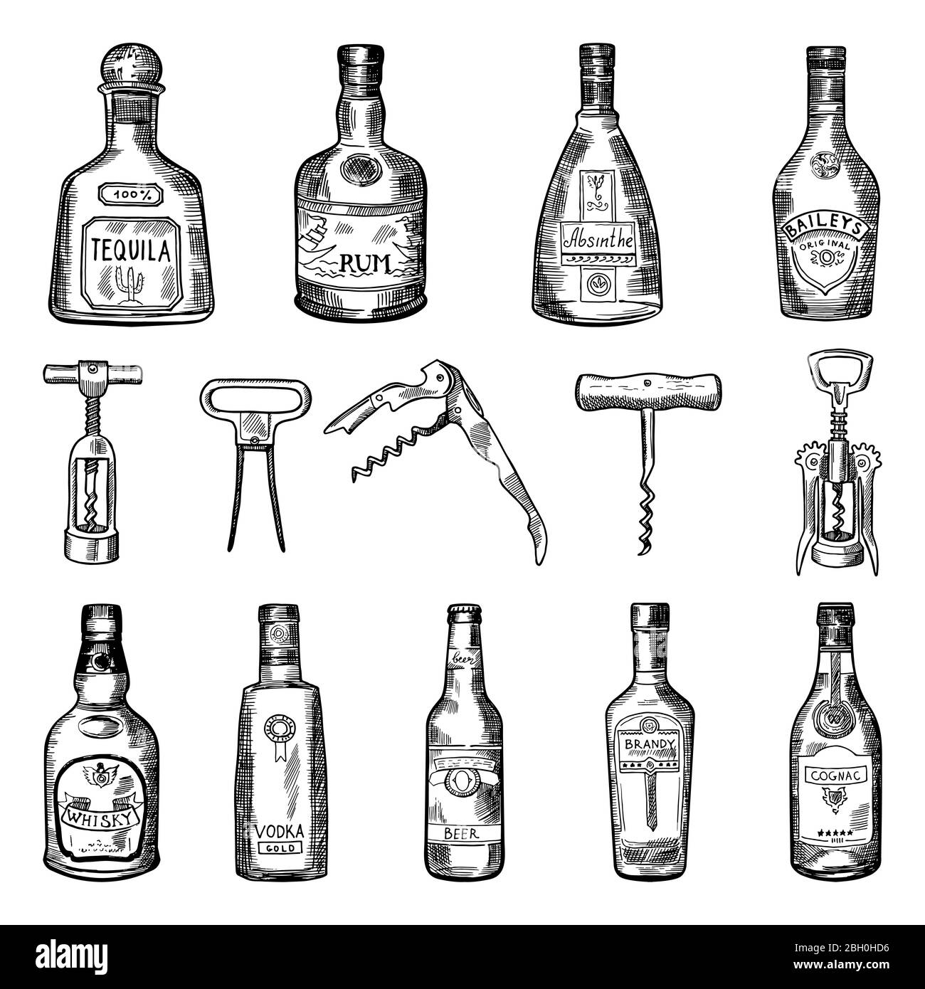 Illustrations of corkscrew and different wine bottles. Alcohol tequila and rum, absinthe and baileys, cognac and whisky vector Stock Vector