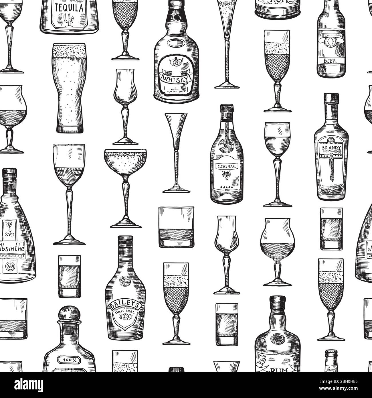 Seamless pattern with alcoholic drinking glasses. Vector illustration in hand drawn style. Alcoholic beverage sketch brandy and beer, whisky and tequi Stock Vector