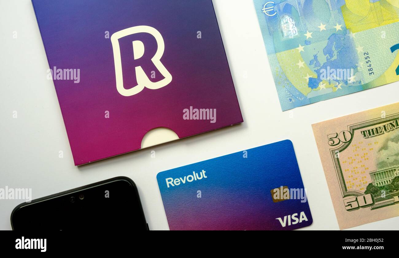 Stone / United Kingdom - April 14 2020: The new redesigned Revolut card. Brand new Revolut Bank card, an envelope in which it was deliverd by post, Eu Stock Photo