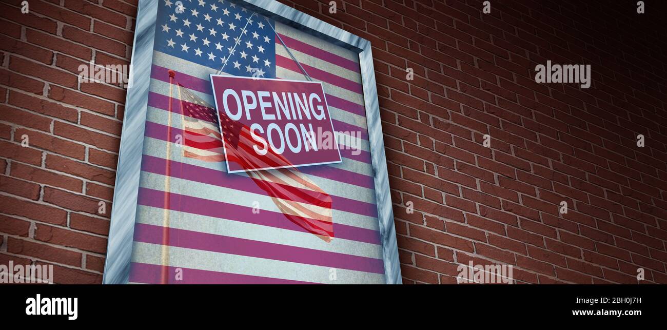 Opening the US economy and reopen United States and American economic activity and back to work after the business lockdown as a store window. Stock Photo