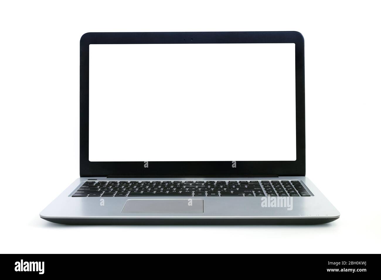 The front view of the laptop is a blank white screen on a white background which has a copy space for inserting text or images. Stock Photo