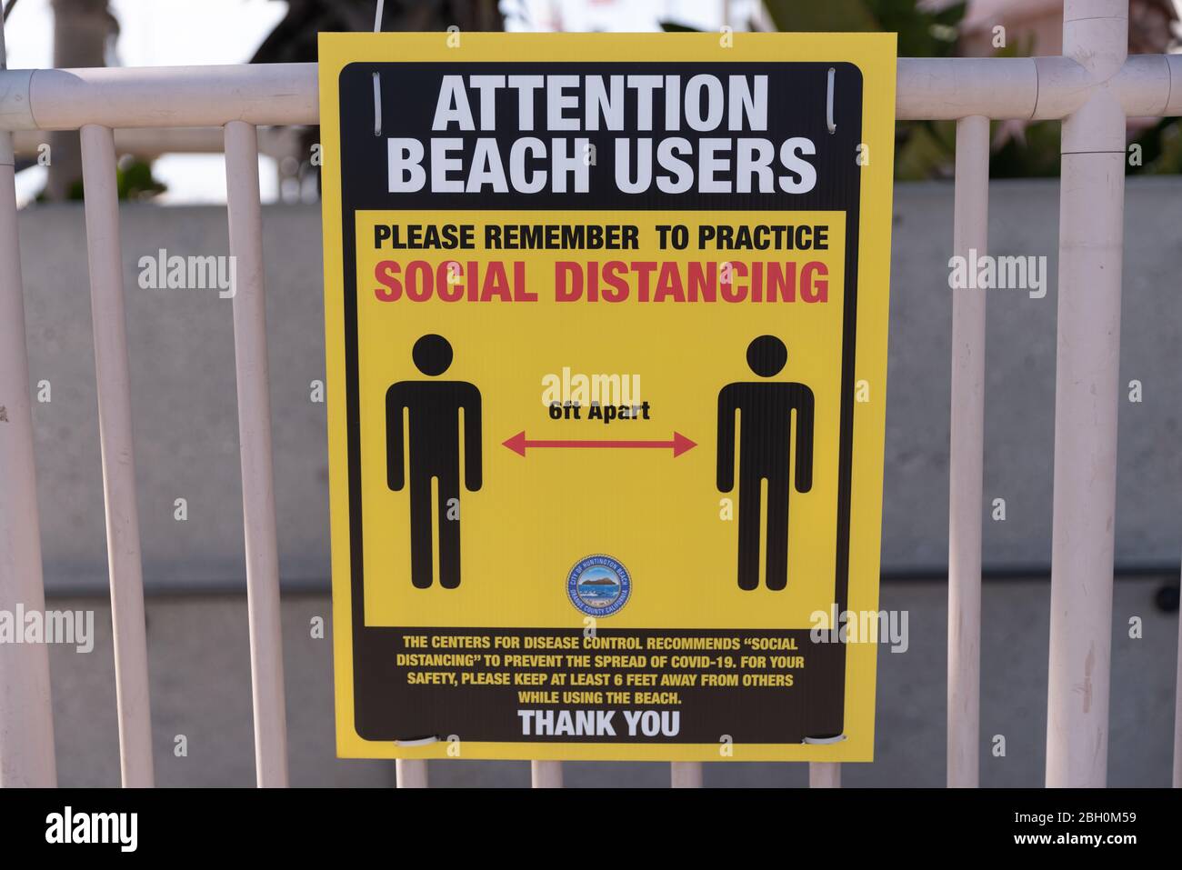 Sign in Huntington Beach, California, encouraging social distancing. Stock Photo