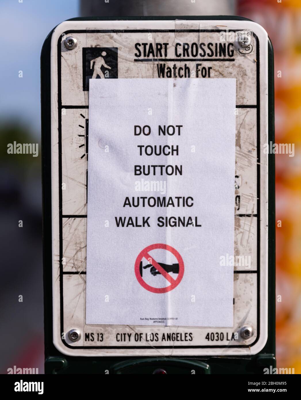 Sign during Covid-19 pandemic at pedestrian crosswalk which reads: 'do not touch button, automatic walk signal.' Stock Photo