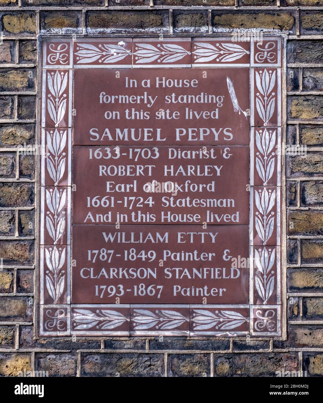 Commemorative plaque in Buckingham Street, near Charing Cross in London, to Samuel Pepys, Robert Harley and Wellam Etty who lived in a house Stock Photo