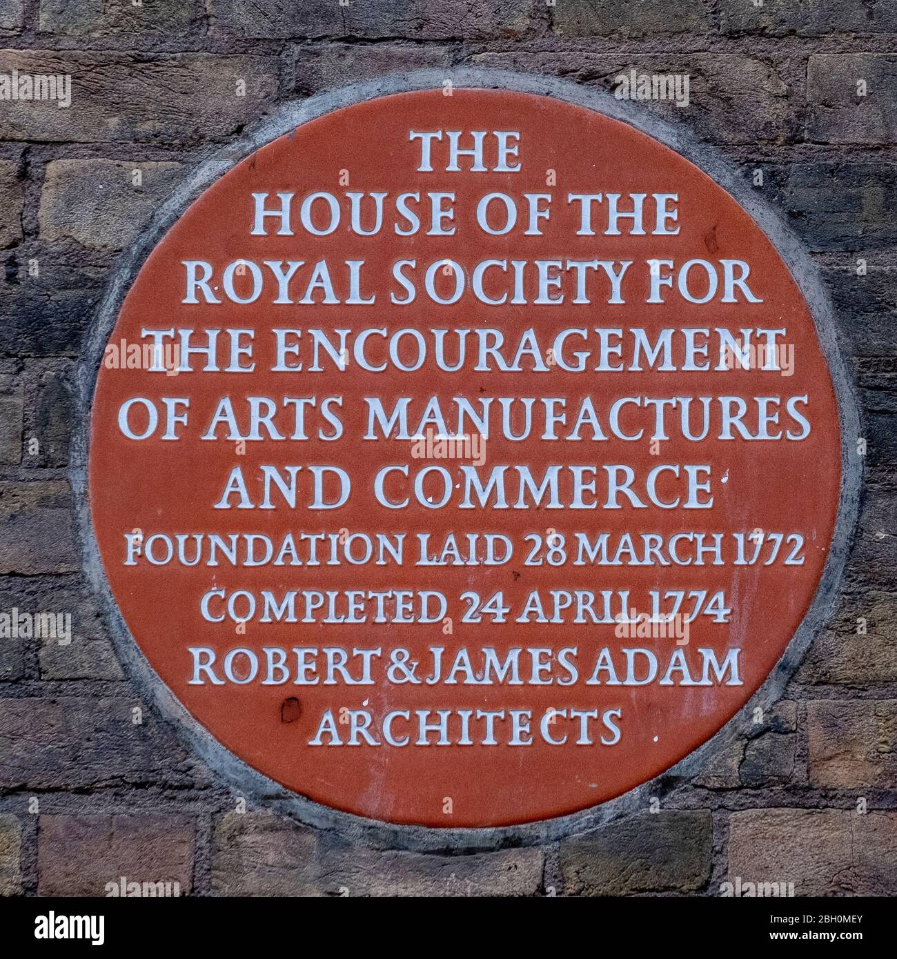 Early plaque commemorating the founding of the RSA, Royal Society of Arts, in John Adam Street, City of Westminster, London Stock Photo