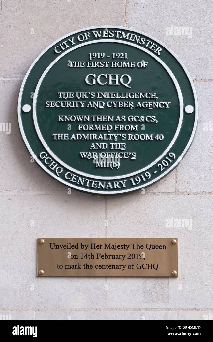 Plaque to commemorate the centenary in 2019 of the founding of GCHQ, the UK intelligence service unveiled by the Queen, Watergate House, Charing Cross. Stock Photo