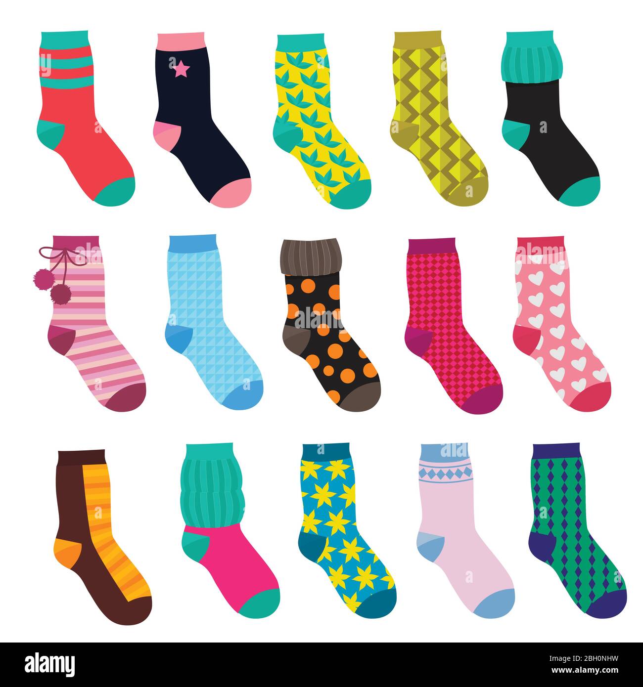 Funny socks with different patterns. Vector illustrations set in cartoon  style. Collection of socks cotton textile and warm wool Stock Vector Image  & Art - Alamy