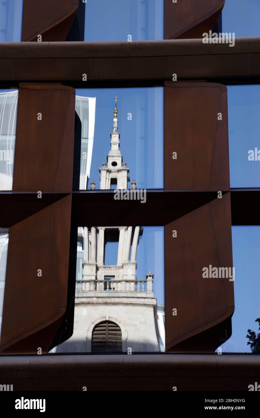 St Stephen Walbrook chruch reflected in the glass of the Bloomberg Building, City of London, UK Stock Photo