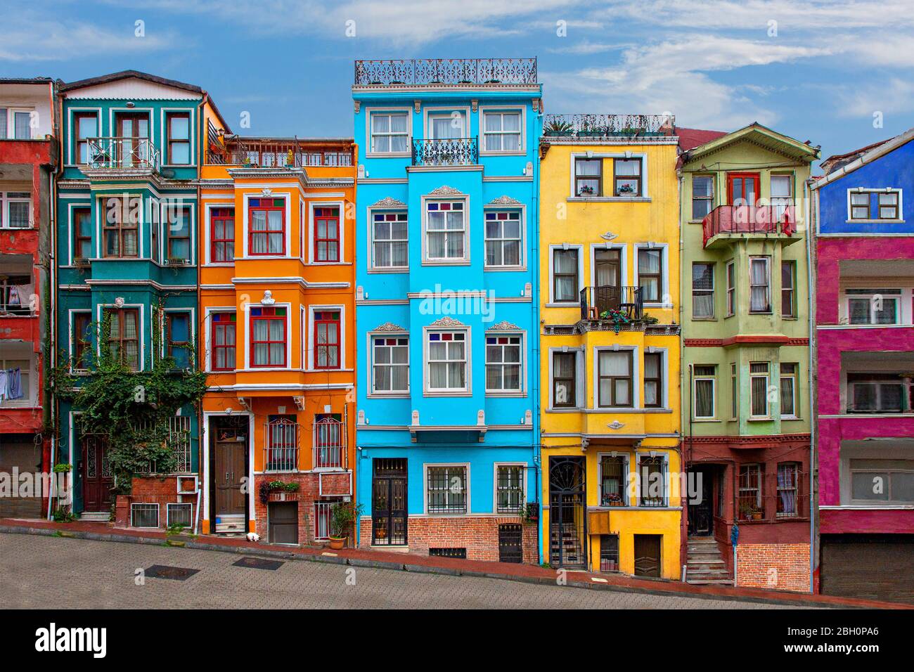 Colorful historical houses in the old neighborhood of Balat in Istanbul, Turkey Stock Photo