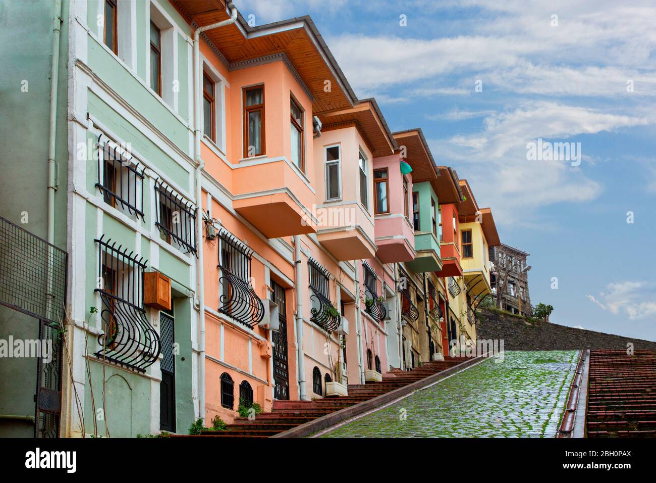 Colorful historical houses in the old neighborhood of Balat in Istanbul ...