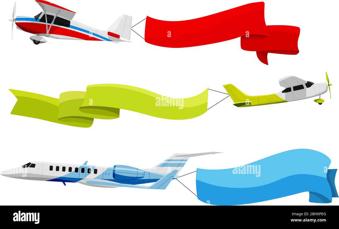 Attached banners to flying airplanes. Vector illustration in cartoon style. Airplane travel, with color banner ribbon message Stock Vector