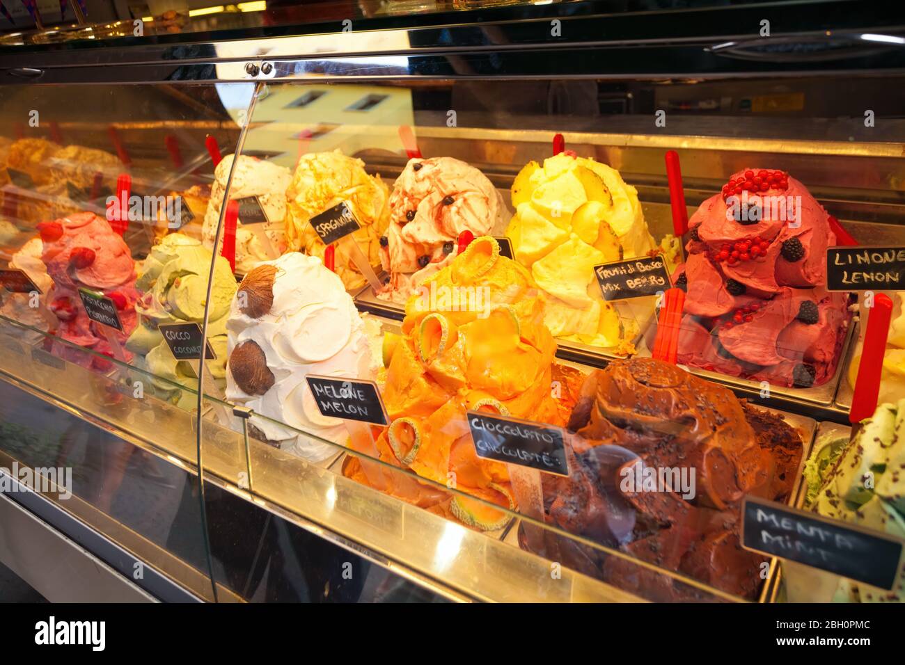 Delicious Italian gelato dessert in freezer glass in Florence, italy Stock Photo