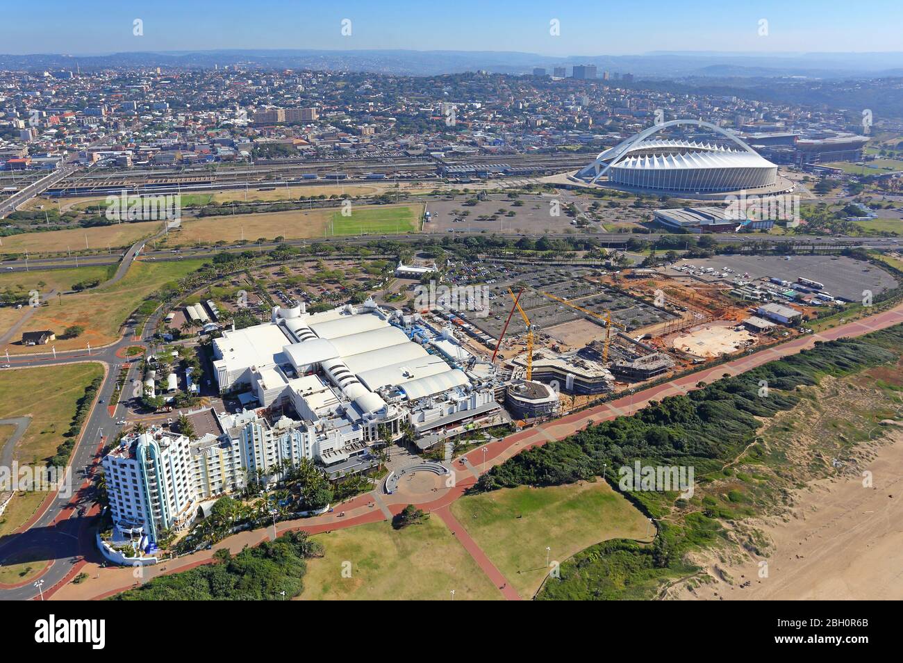 Aerial photo of Suncoast Casino with Moses Mabhida and Kings Park Stadiums in the background Stock Photo