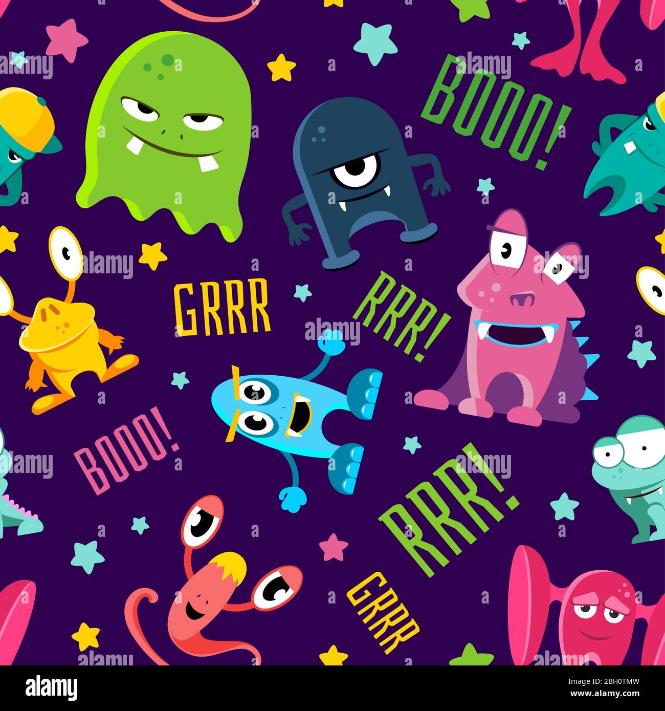 Seamless color children pattern with cute monsters. Background vector illustration Stock Vector