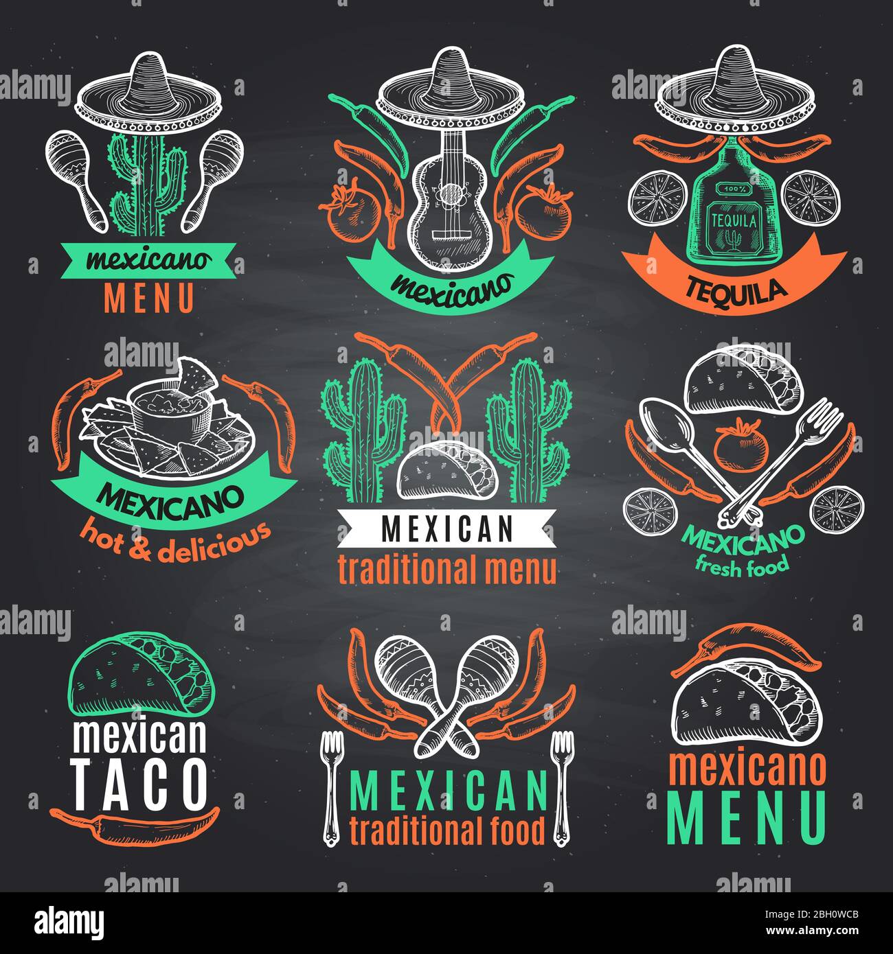 Colored labels of mexican symbols on black chalkboard. Vector emblems with place for your text. Mexican restaurant label menu, traditional emblem mexi Stock Vector