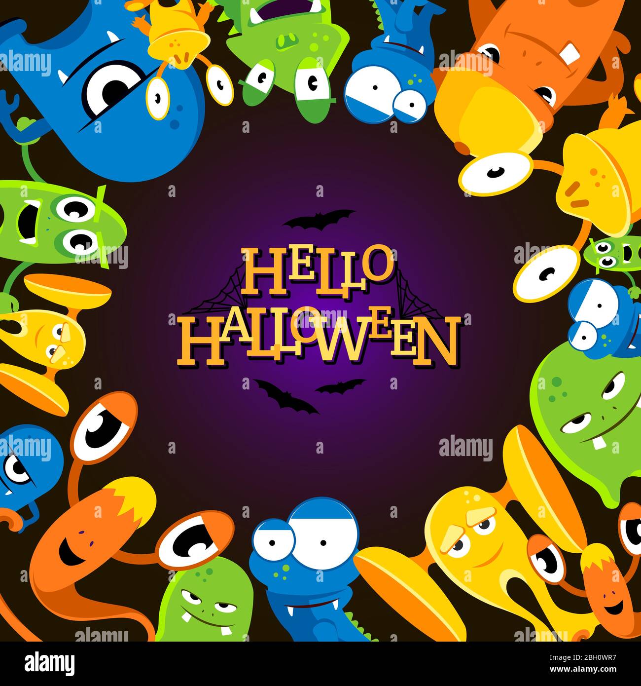 Cute cartoon halloween background with funny monsters. Vector illustration. Colored halloween monster cartoon, character creature face mutant Stock Vector