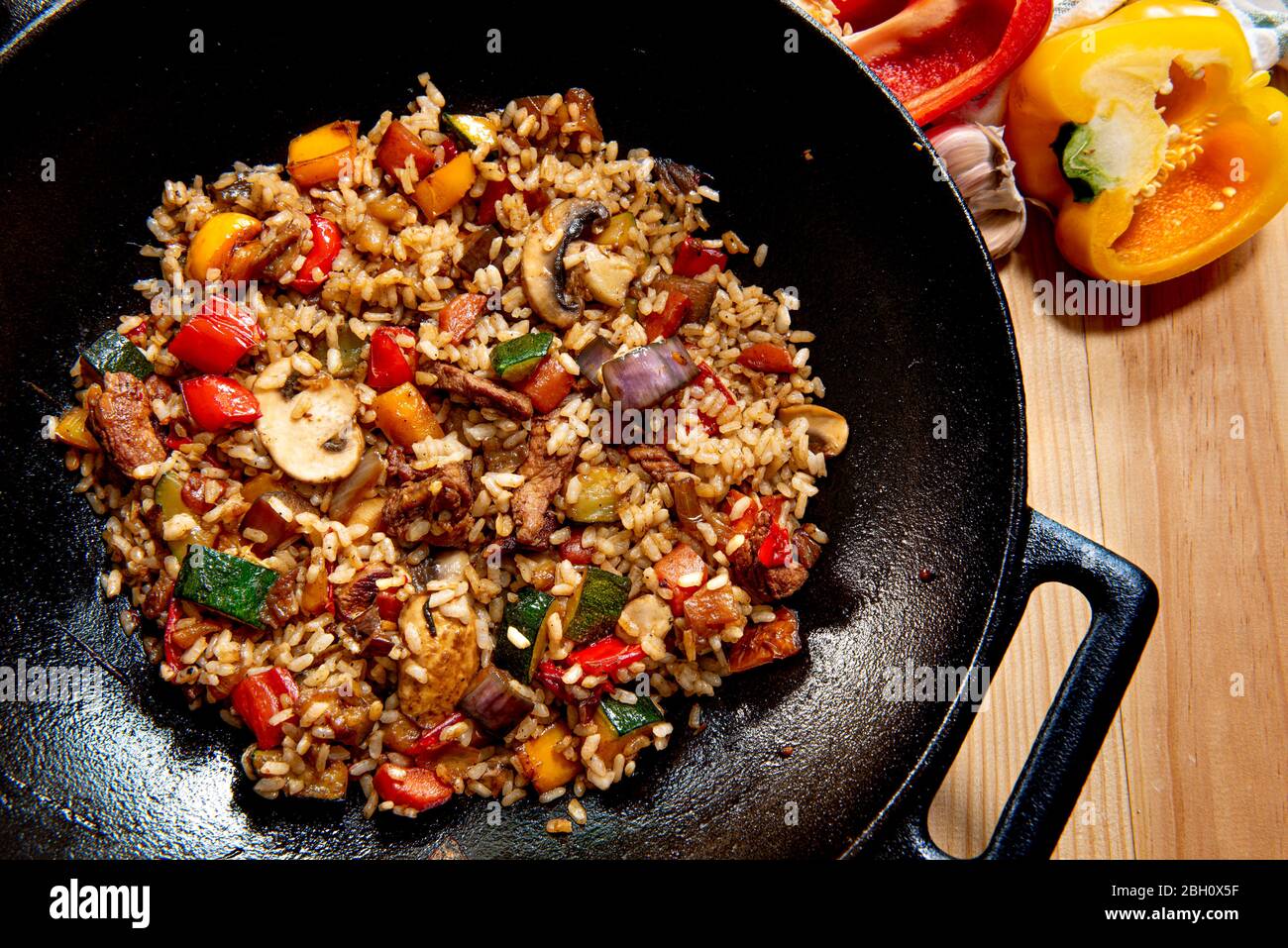 Asian style recipe with peppered beef and vegetable rice  with oyster sauce. Stock Photo