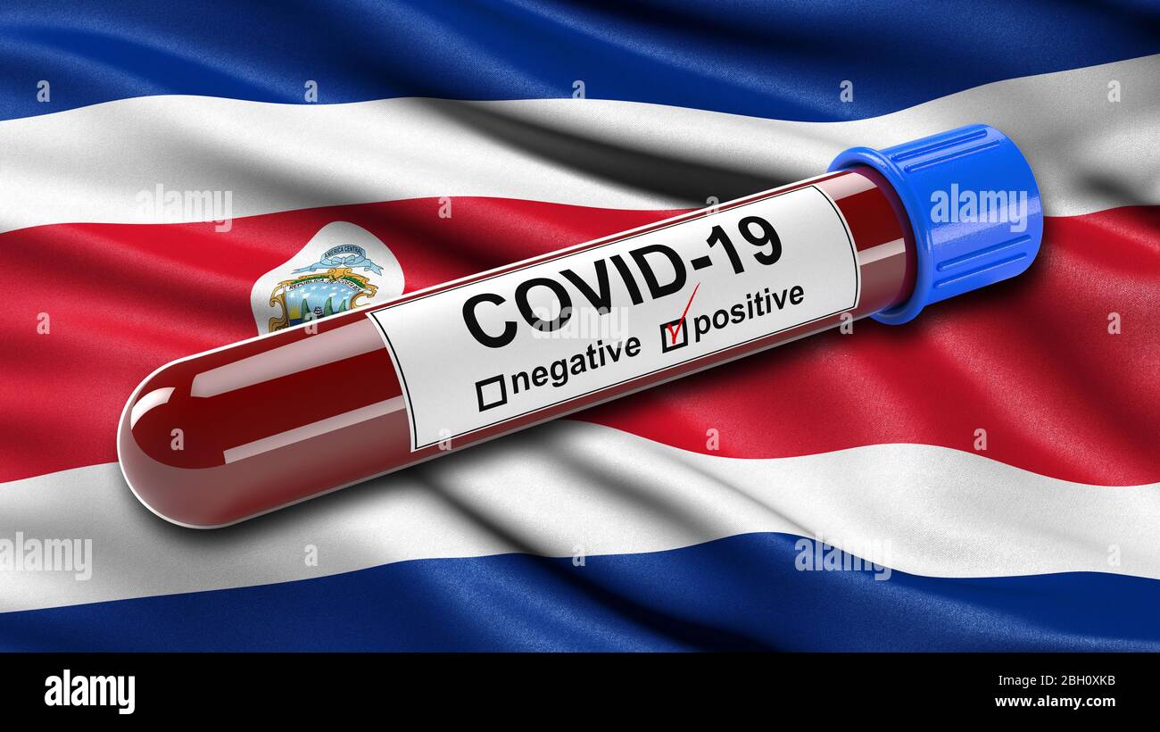Flag of Costa Rica waving in the wind with a positive Covid19 blood