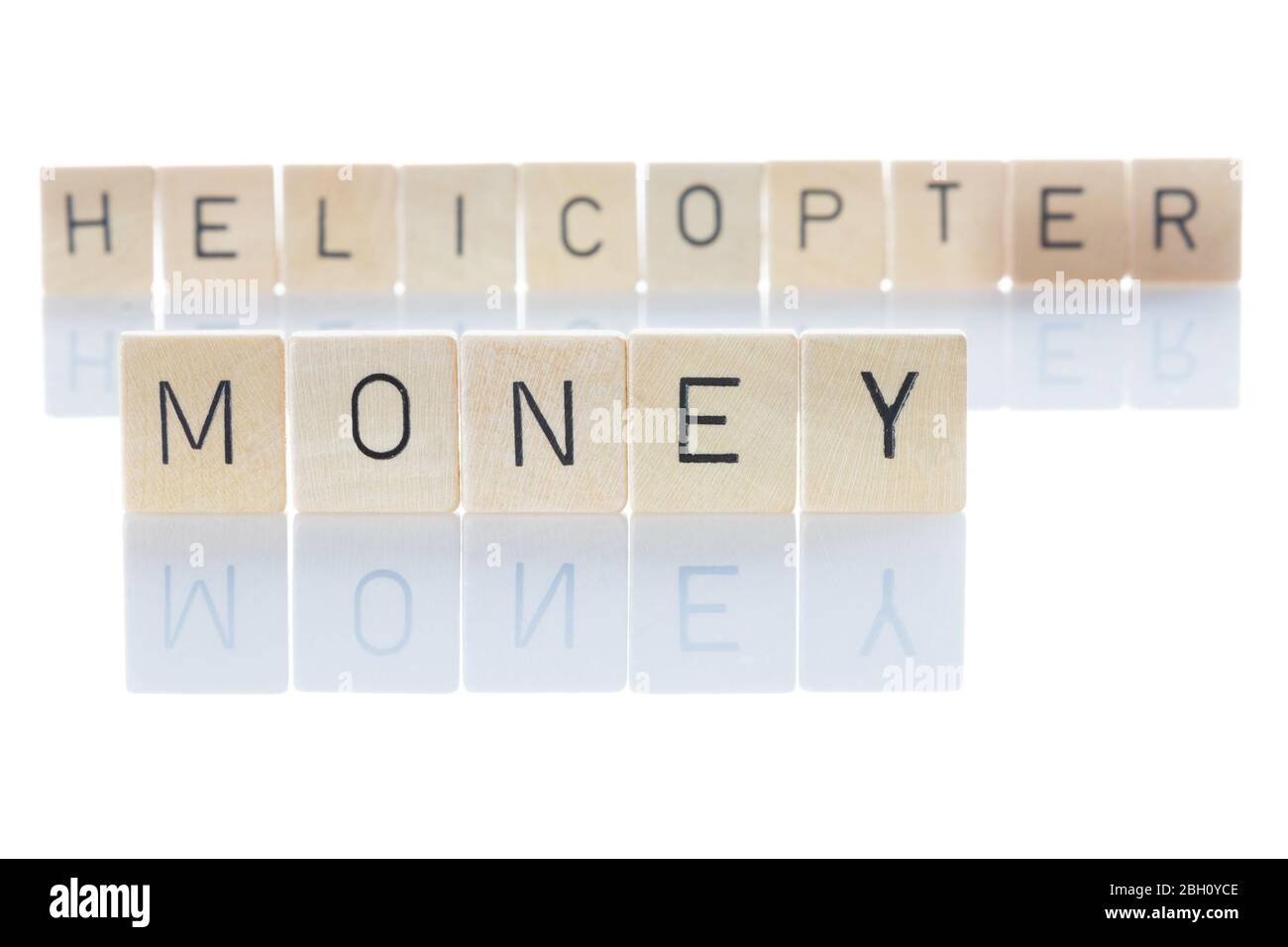 Helicopter money as a word isolated on white background. Term from the world of finance. Stock Photo