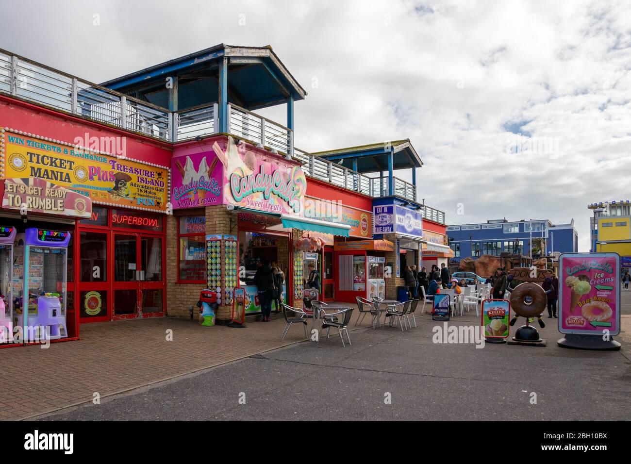 The amusement arcades at Clarence Pier in Southsea, Portsmouth, Hampshire Stock Photo