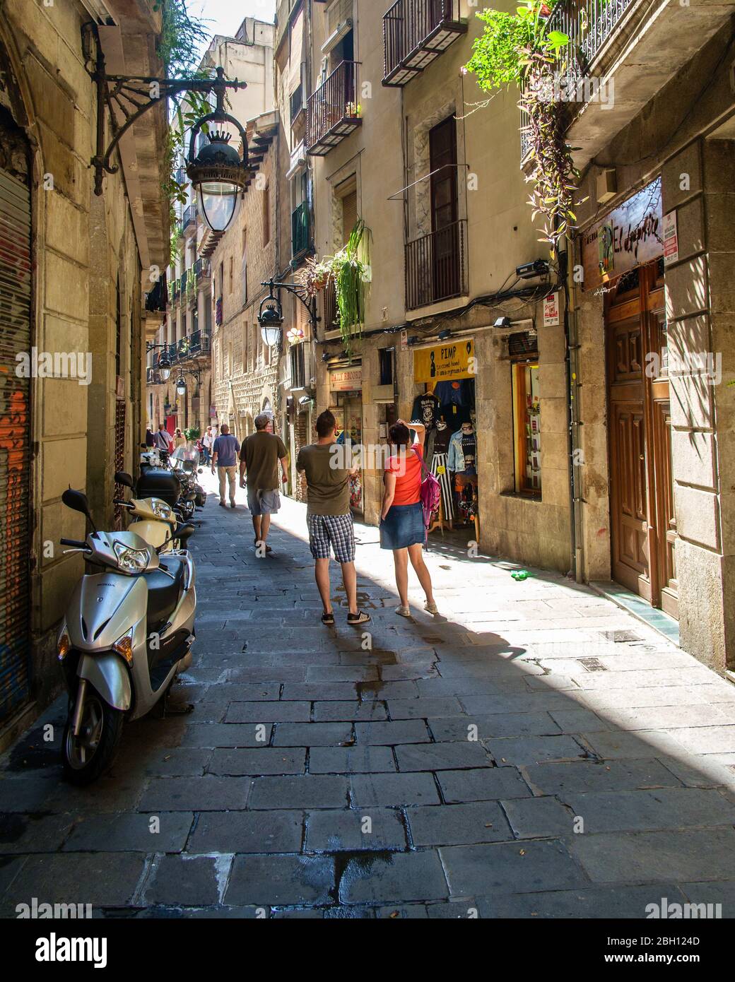 Typical side street just off La Rambla in central Barcelona, Spain. Stock Photo