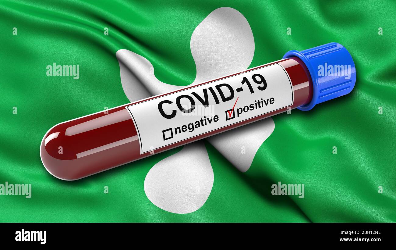 Flag of Lombardy waving in the wind with a positive Covid-19 blood test tube. Stock Photo