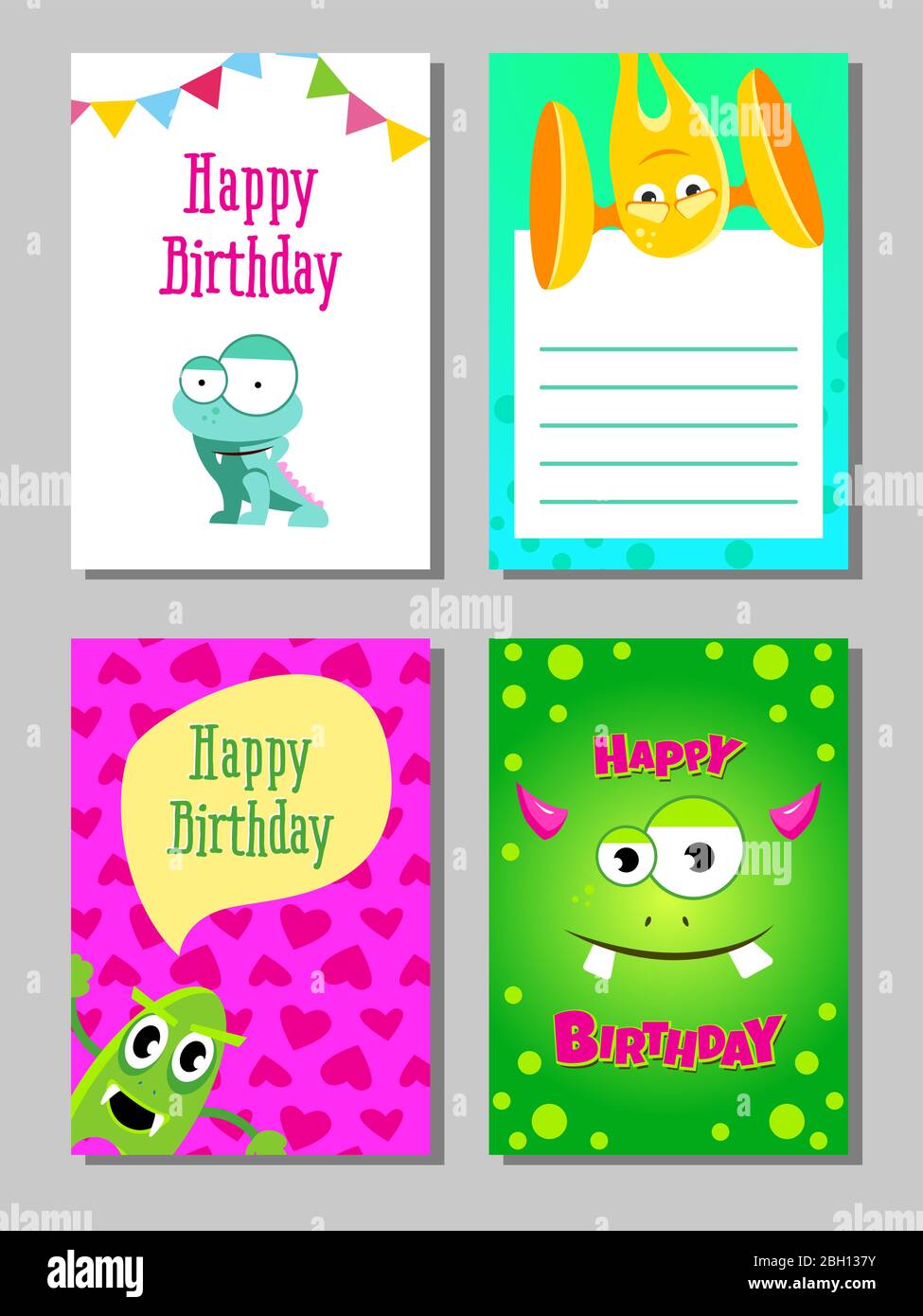 Colorful funny cards set with cute monsters. Templates for birthday ...