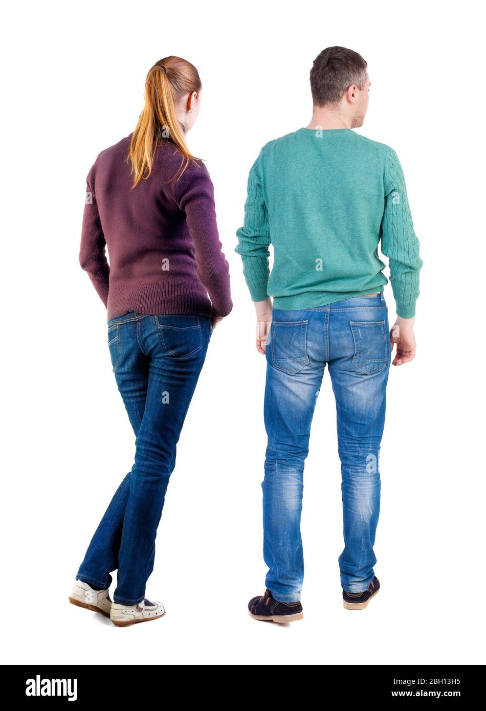Back view couple in sweater. beautiful man and woman. Rear view people ...