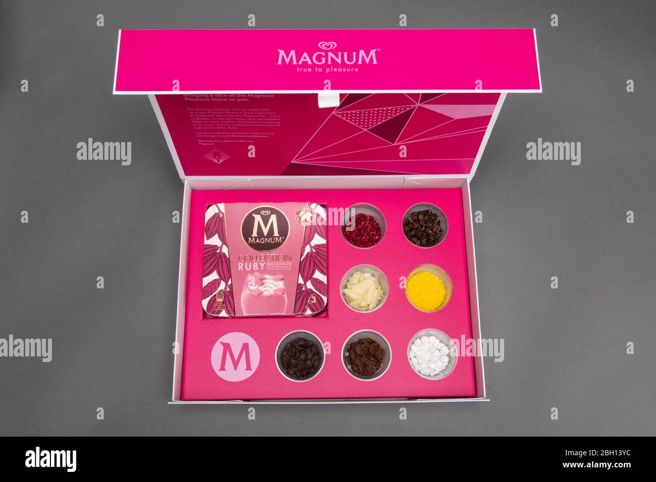 Ice cream brand Magnum has partnered with Deliveroo to create ???Make My Magnum kits???, which will be available from tomorrow, Friday April 24th. Stock Photo