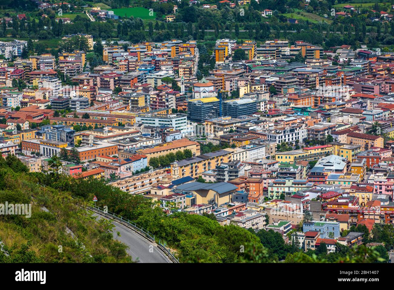 Cassino / Italy - August 17 2019: Aerial view of Cassino in Italy. Panorama and landscape. Town hall in the province of Frosinone, central Italy, at t Stock Photo