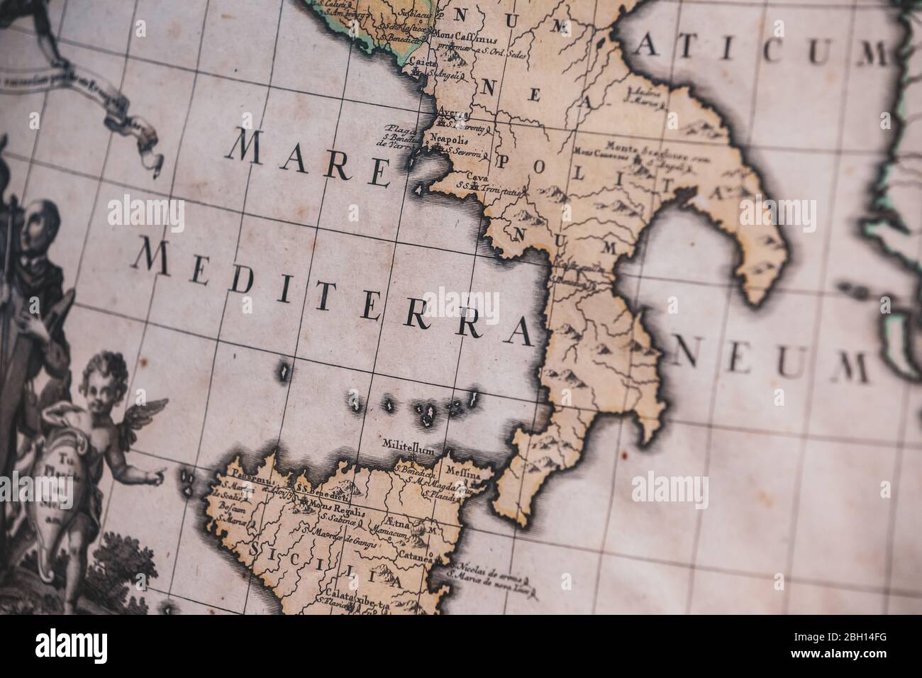 Ancient map of the Mediterranean Sea of Italy. Ancient Latin language, Italian peninsula. Selective focus. Inside the monastery of Montecassino in Ita Stock Photo