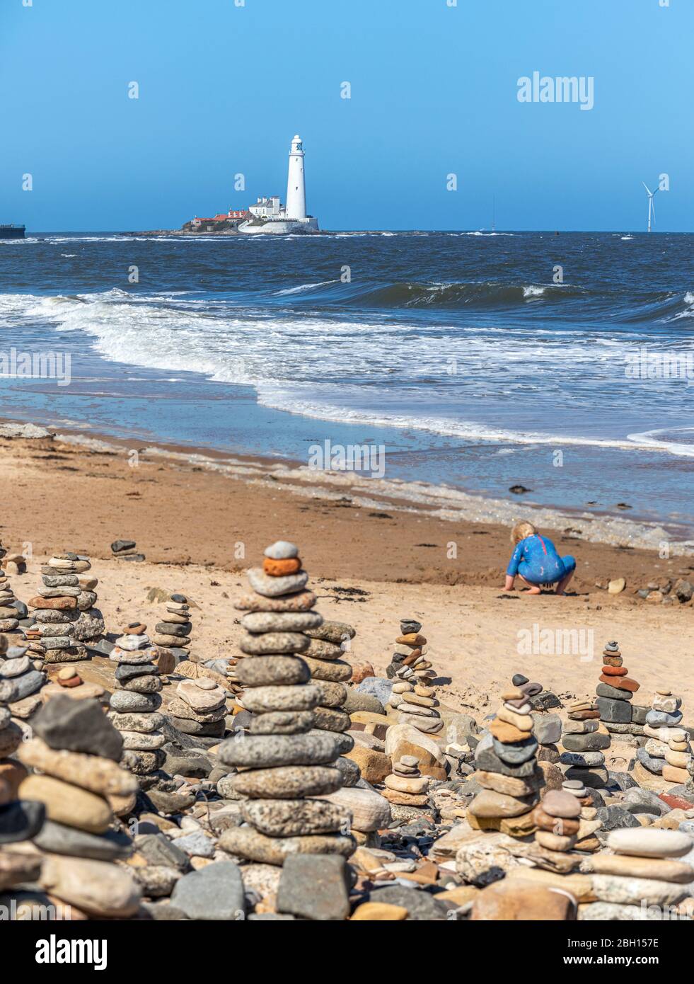 Stone Field made during Covid-19 outbreak, Whitley Bay beach, Tyne and Wear, England. UK. GB. Stock Photo
