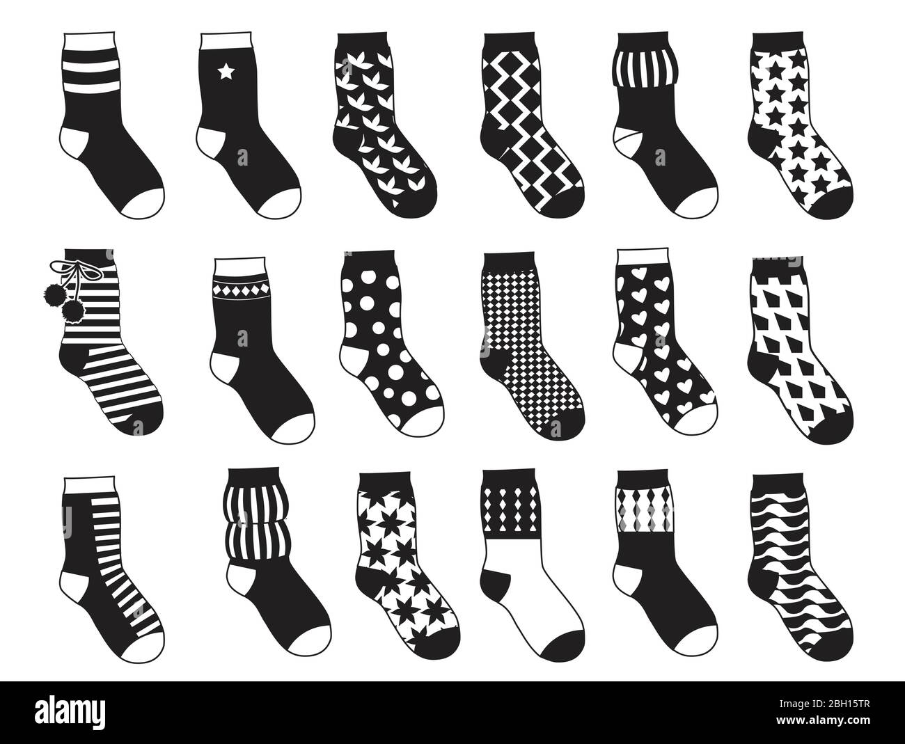 Silhouette of kids socks with different patterns. Vector monochrome illustrations isolate. Set of black white socks garment Stock Vector