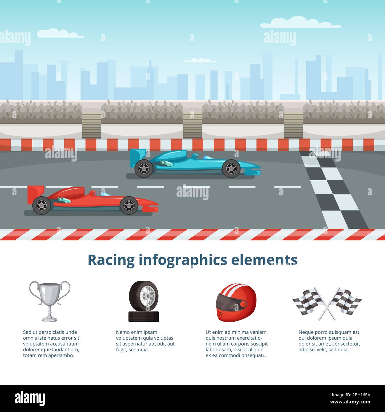 Sport infographic with race cars of formula 1. Different cars and driver tools. Formula one race car. Vector illustration Stock Vector
