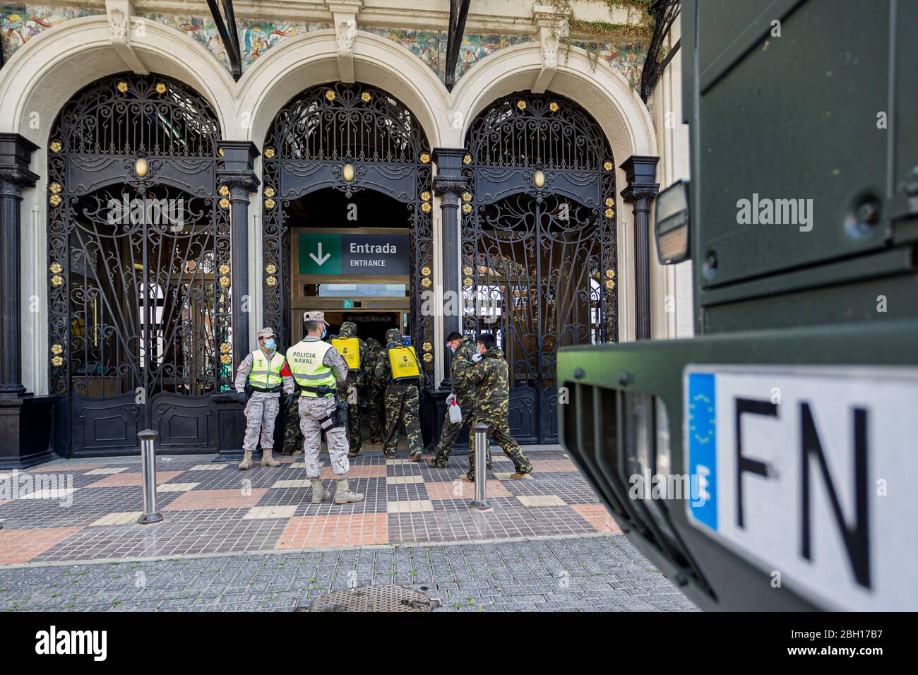 Cartagena, Spain. 22nd Apr, 2020. Spanish Navy disinfects the train station and its surroundings in the city of Cartagena Credit: ABEL F. ROS/Alamy Live News Stock Photo