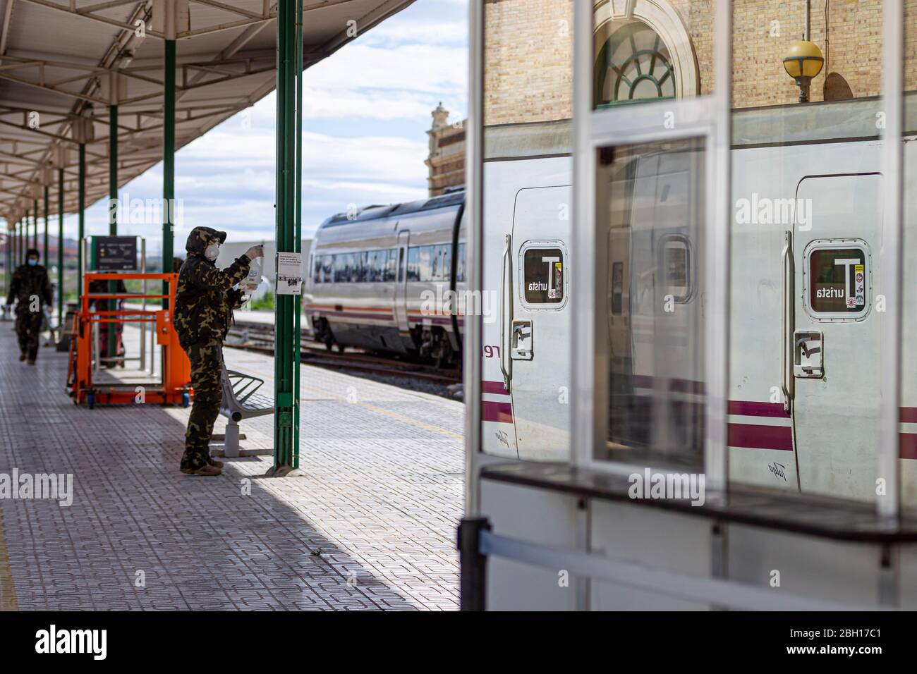 Cartagena, Spain. 22nd Apr, 2020. Spanish Navy disinfects the train station and its surroundings in the city of Cartagena Credit: ABEL F. ROS/Alamy Live News Stock Photo