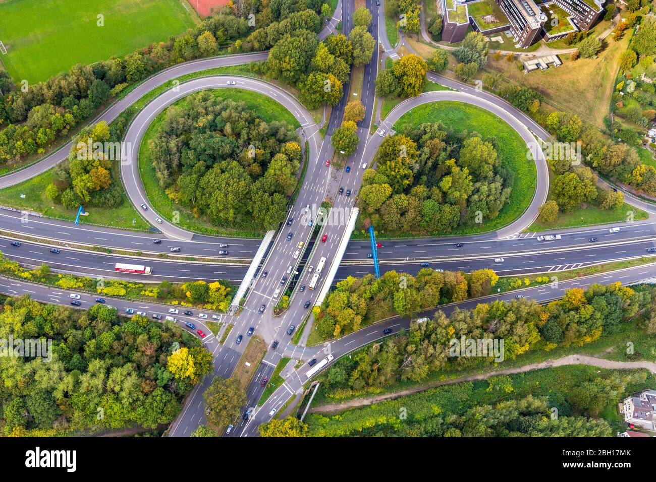 road Koenigsallee crossing highway Nordhausen Ring, 27.09.2019, aeriol view, Germany, North Rhine-Westphalia, Ruhr Area, Bochum Stock Photo