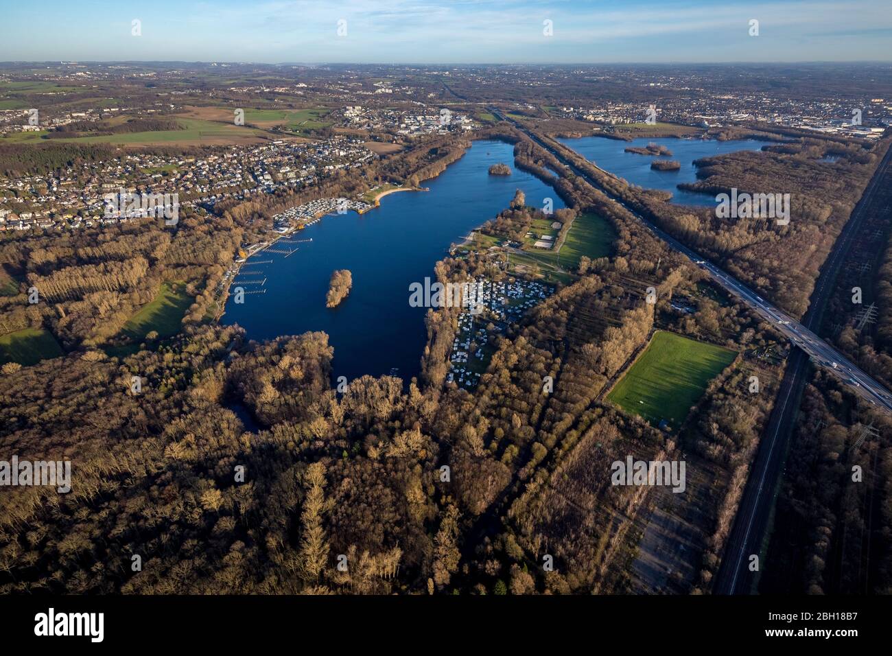 Lake Unterbach, Lake Elbsee and motorway A 46, 19.12.2020, aerial view, Germany, North Rhine-Westphalia, Lower Rhine, Dusseldorf Stock Photo