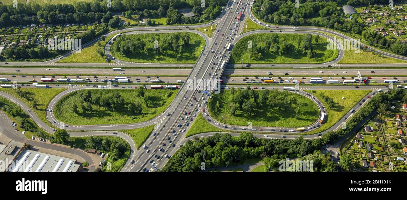 junction Duisburg of motorways A40 and A59, 09.06.2016, aerial view, Germany, North Rhine-Westphalia, Ruhr Area, Duisburg Stock Photo